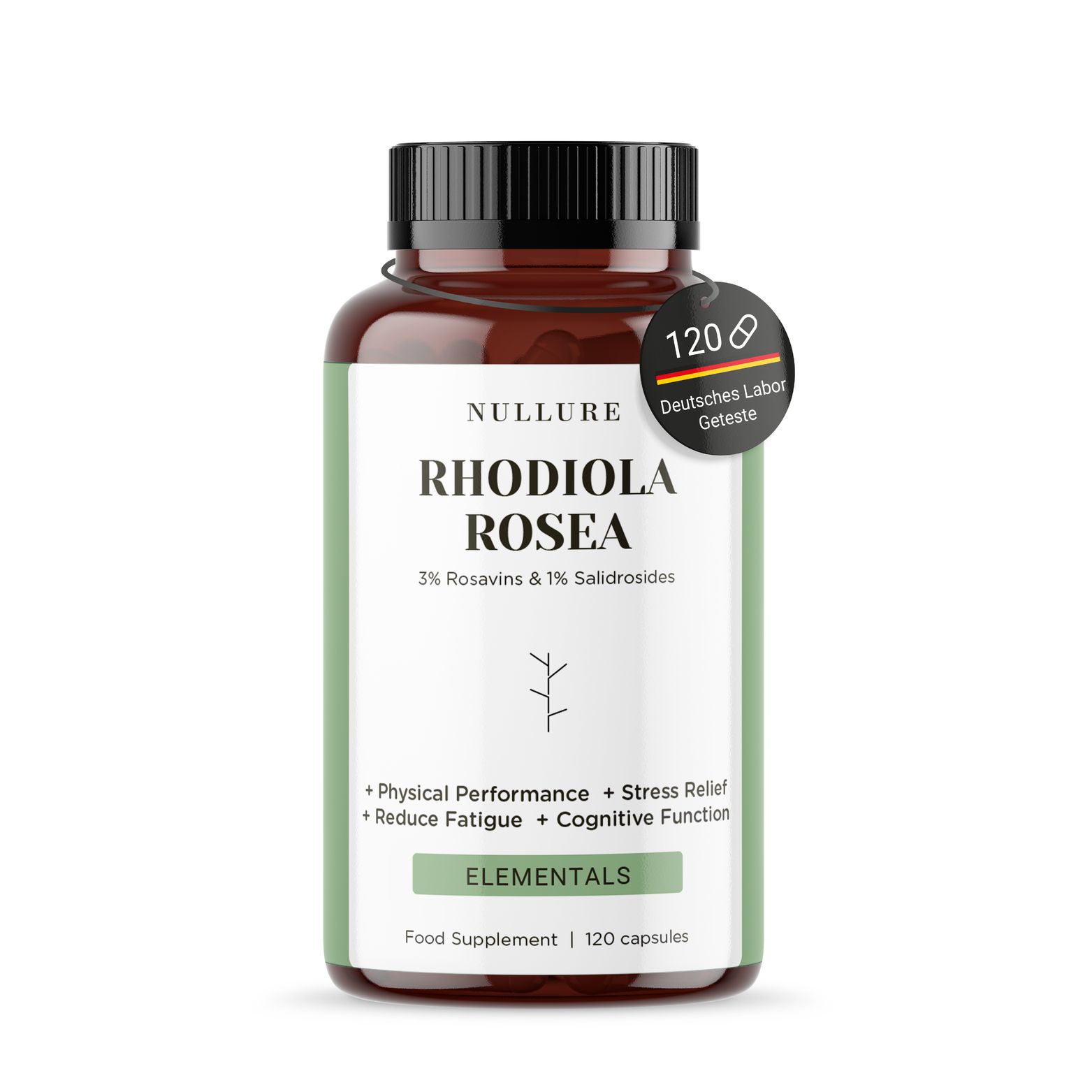 Bruine fles met capsules. Opschrift: Nullure Rhodiola Rosea. 120 capsules. Getest door Duits laboratorium. Tekst: Elementals.