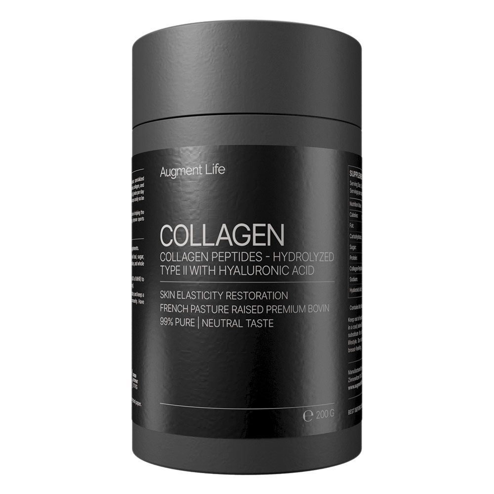 Contenant noir avec poudre de collagène Augment Life, peptides de collagène type II avec acide hyaluronique, 200g.