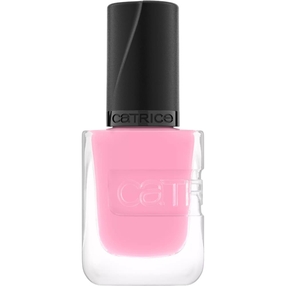 Flacon de vernis à ongles, vernis rose, bouchon noir. Marque Catrice.