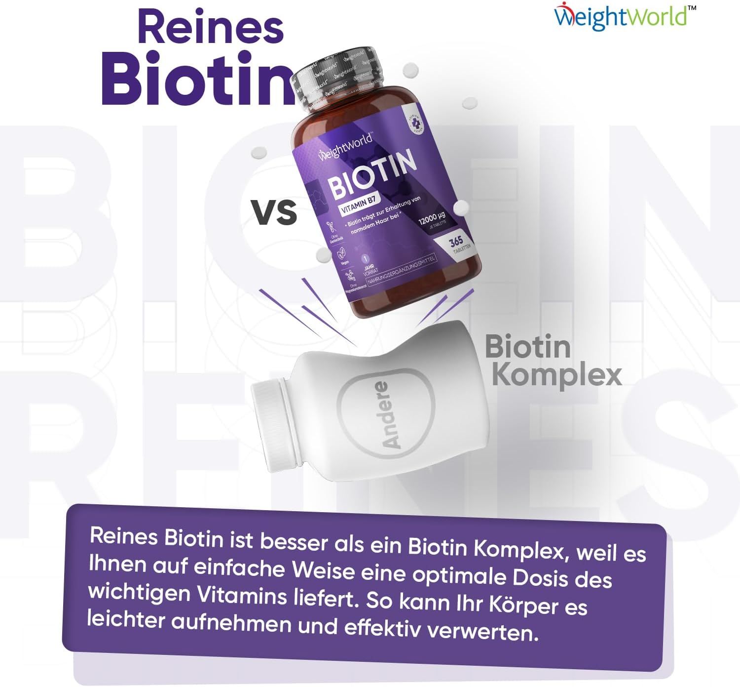 Vergelijking van BIOTINE en een biotinecomplex. Flessen, tekst: Pure biotine is beter dan een biotinecomplex.