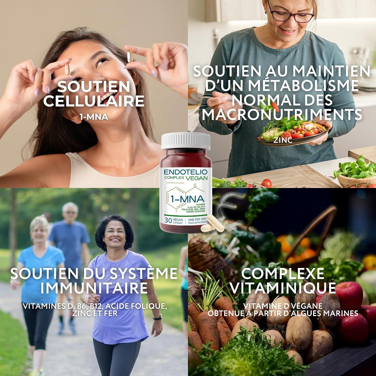 Collage: femme prenant une gélule, femme mangeant une salade, coureurs, légumes. Flacon de gélules "Endothelio 1-MNA".