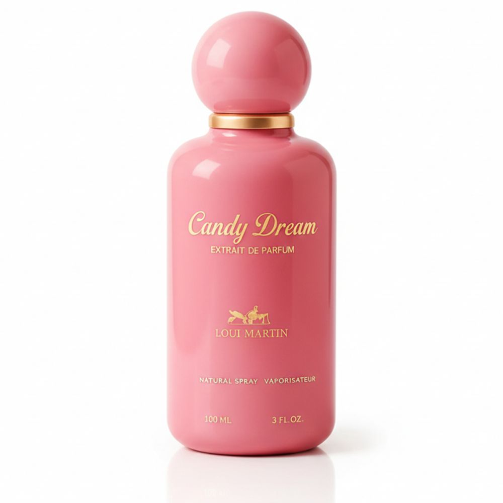 Roze fles met gouden dop en opschrift Candy Dream op witte achtergrond.