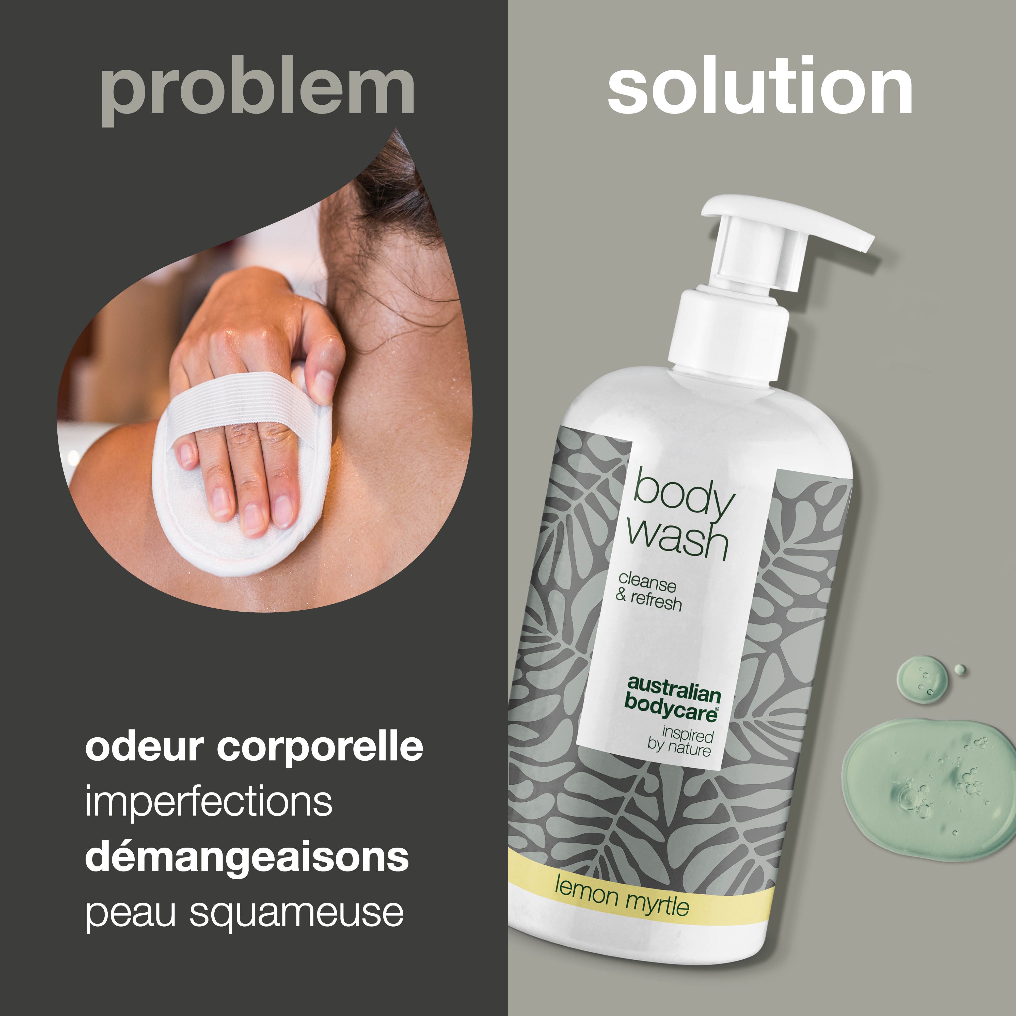 Flacon de Body Wash avec pompe. À gauche : problèmes, à droite : solution. Texte : odeur, imperfections, démangeaisons, peau squameuse.