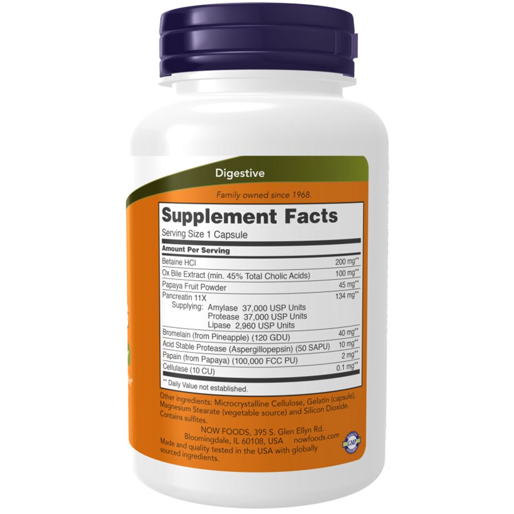 Dos du flacon. Contient les informations nutritionnelles. Ingrédients: Betaine HCl, Ox Bile Extract, Papaya Fruit Powder, etc. NOW FOODS.