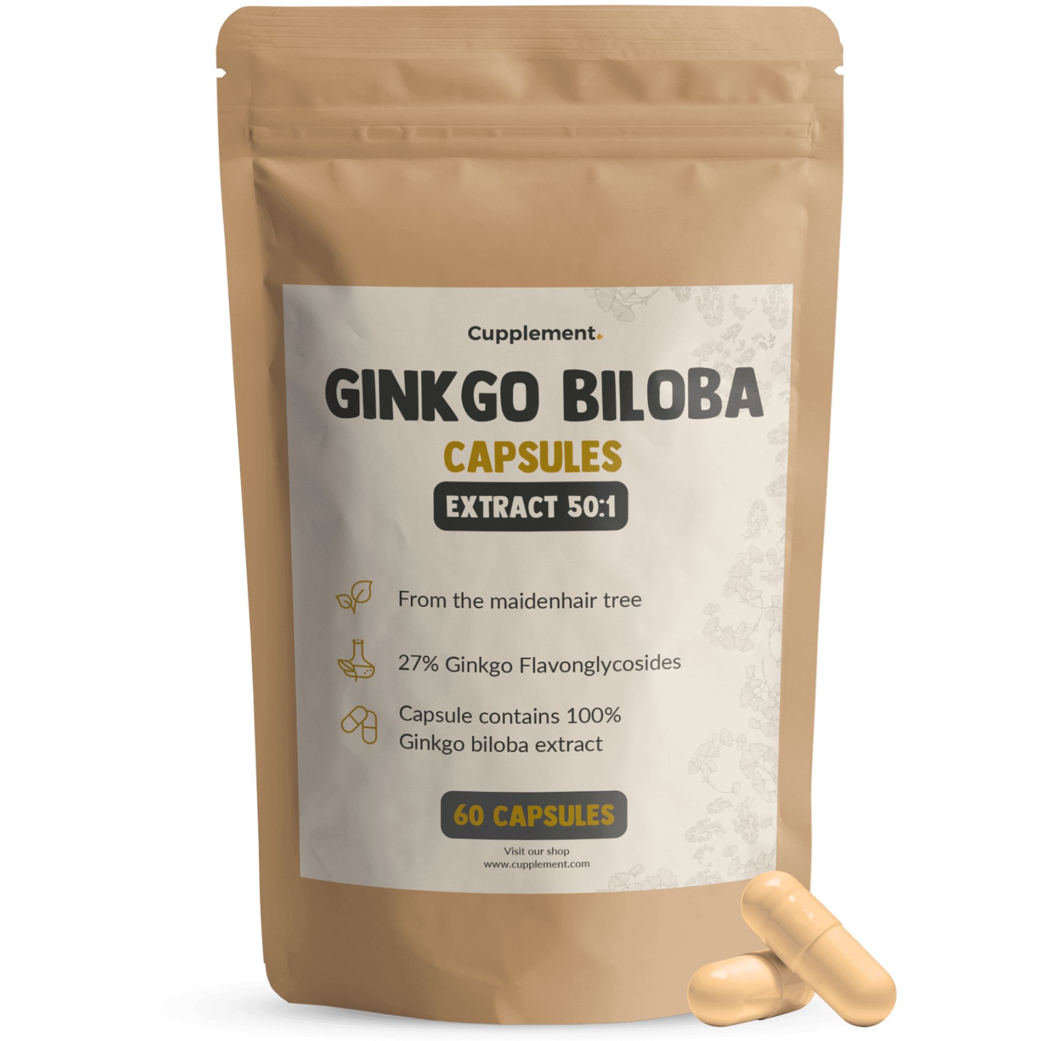 Sachet de gélules de Ginkgo Biloba. Inscription: 60 gélules. Deux gélules à côté.