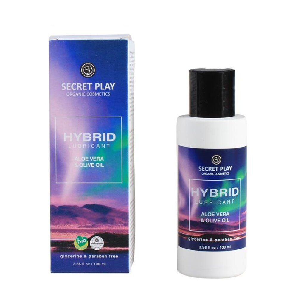 Bouteille et tube de gel lubrifiant Secret Play "Organic hybrid". À l'Aloe Vera & Huile d'Olive. Sans glycérine ni parabène.