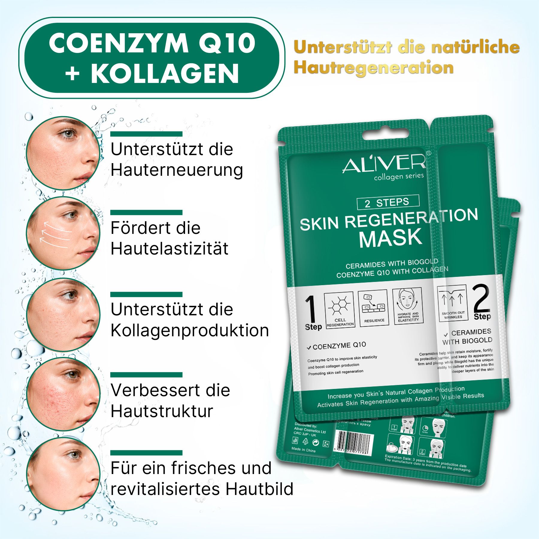 ALIVER 2-staps anti-aging gezichtsmaskersysteem met collageen en co-enzym Q10
