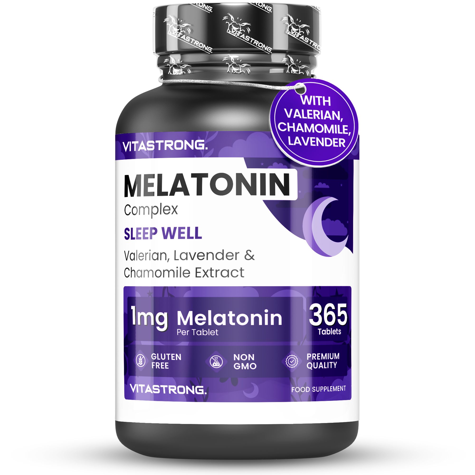Vitastrong Melatonin Komplex. Flacon de 365 comprimés. Contient de la valériane, de la lavande et de la camomille. 1mg de mélatonine.