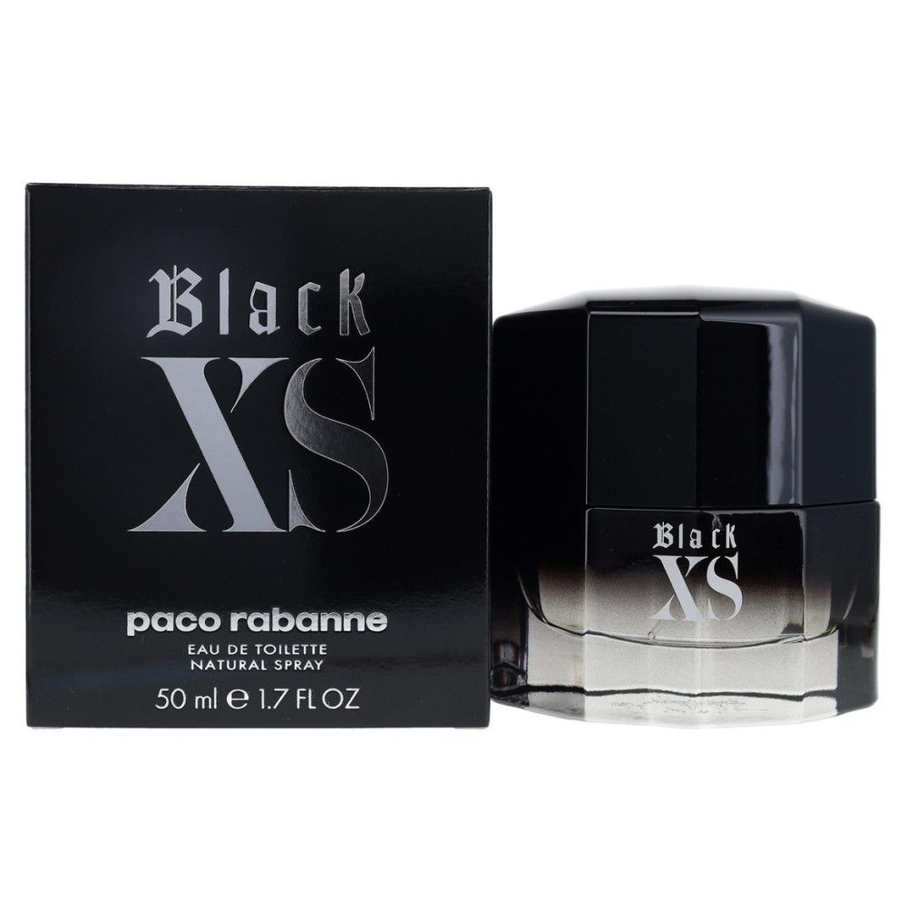 Flacon et boîte noirs. Inscription "Black XS" et "paco rabanne". Flacon avec vaporisateur. 50 ml.