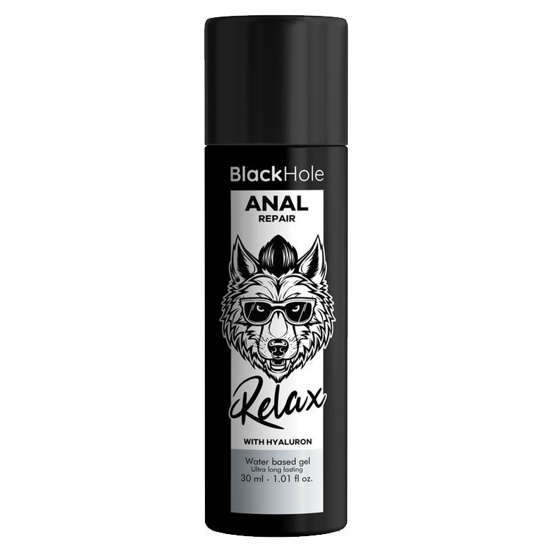 Zwarte fles met label "Black Hole Anal Repair". Wolf-logo met zonnebril. Tekst: "Relax with Hyaluron". Water based gel.
