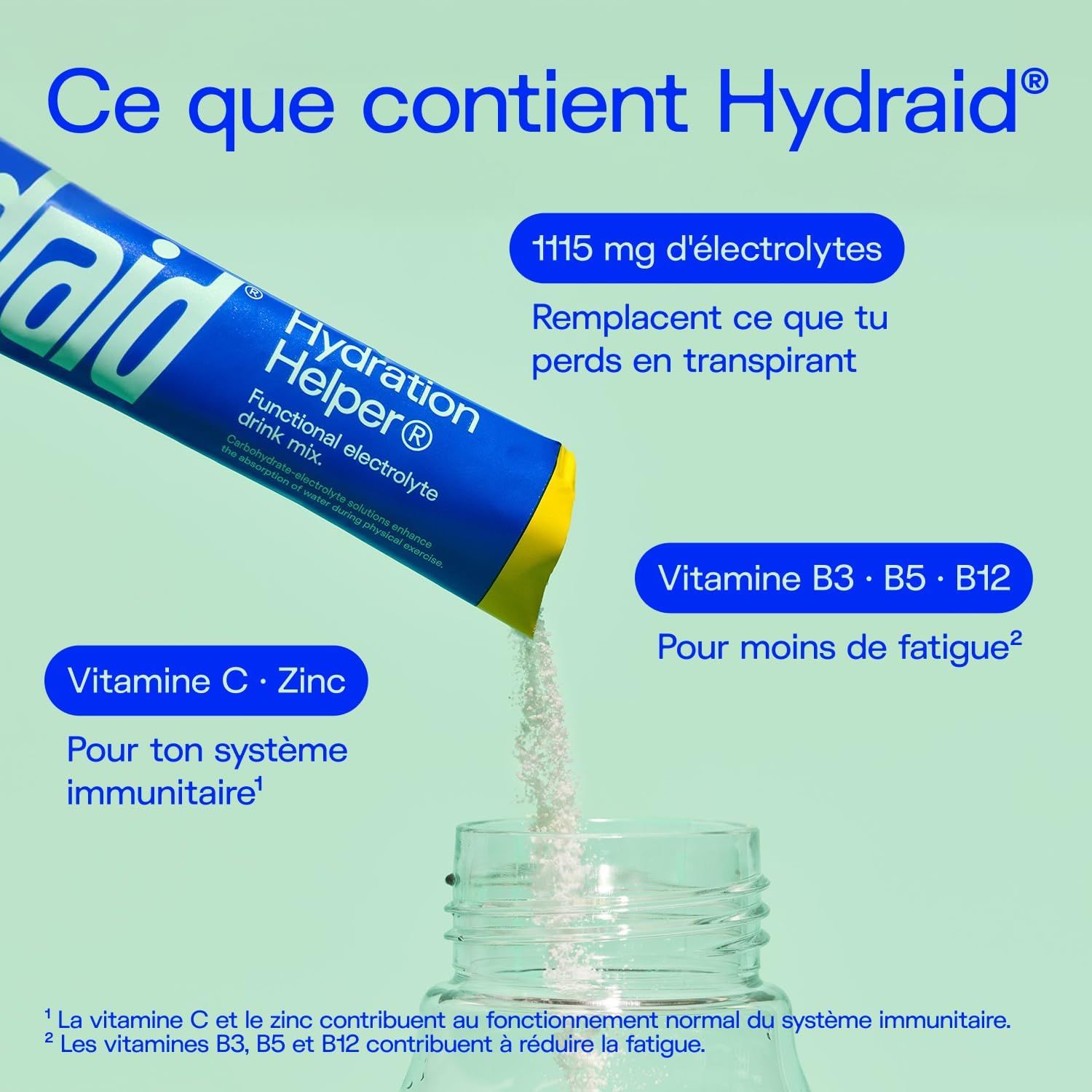 Stick Hydraid versé dans une bouteille. Contient électrolytes, vitamines B, C, zinc pour système immunitaire.