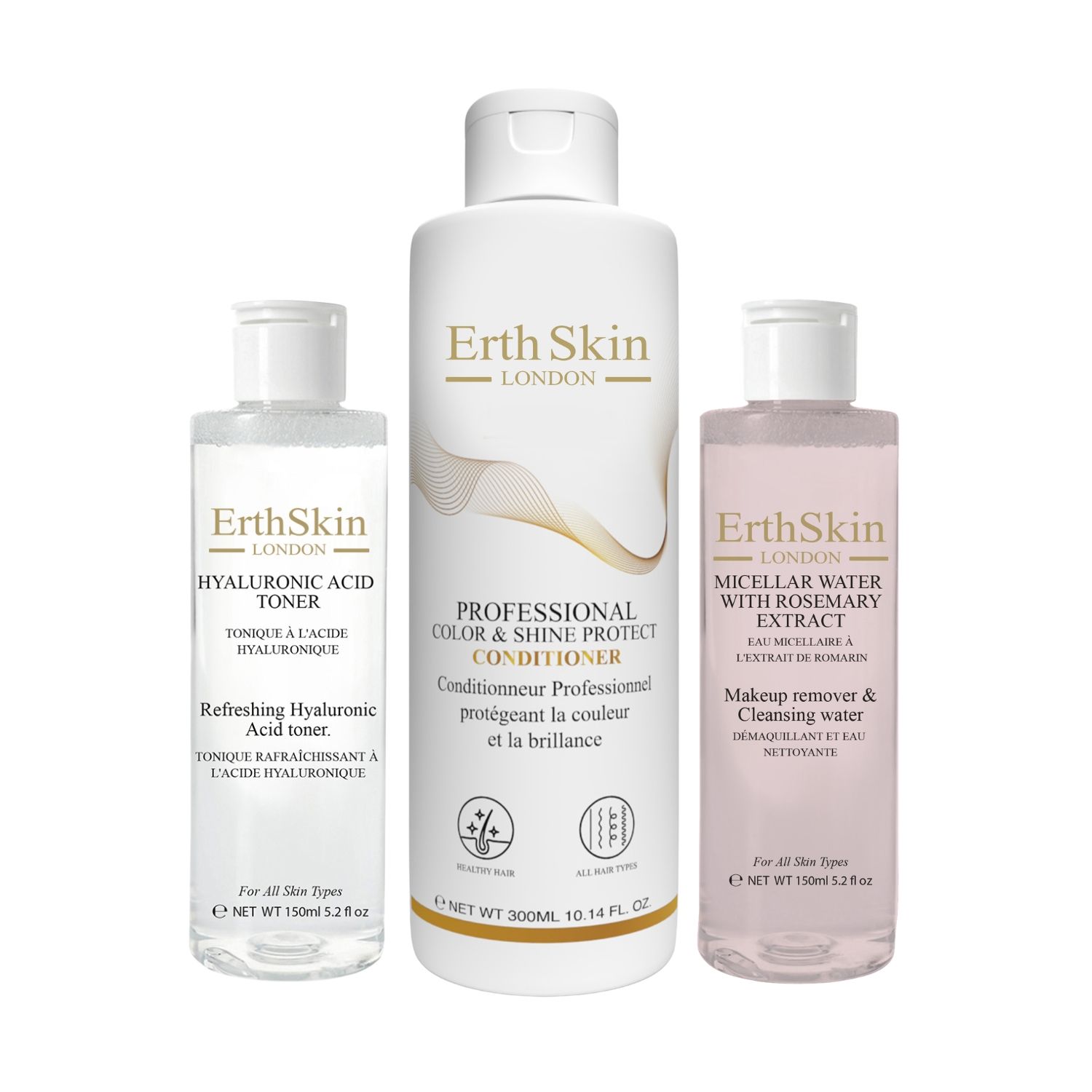 Drie flessen ErthSkin London huidverzorging. Toner, conditioner en micellair water. Witte flessen met labels.