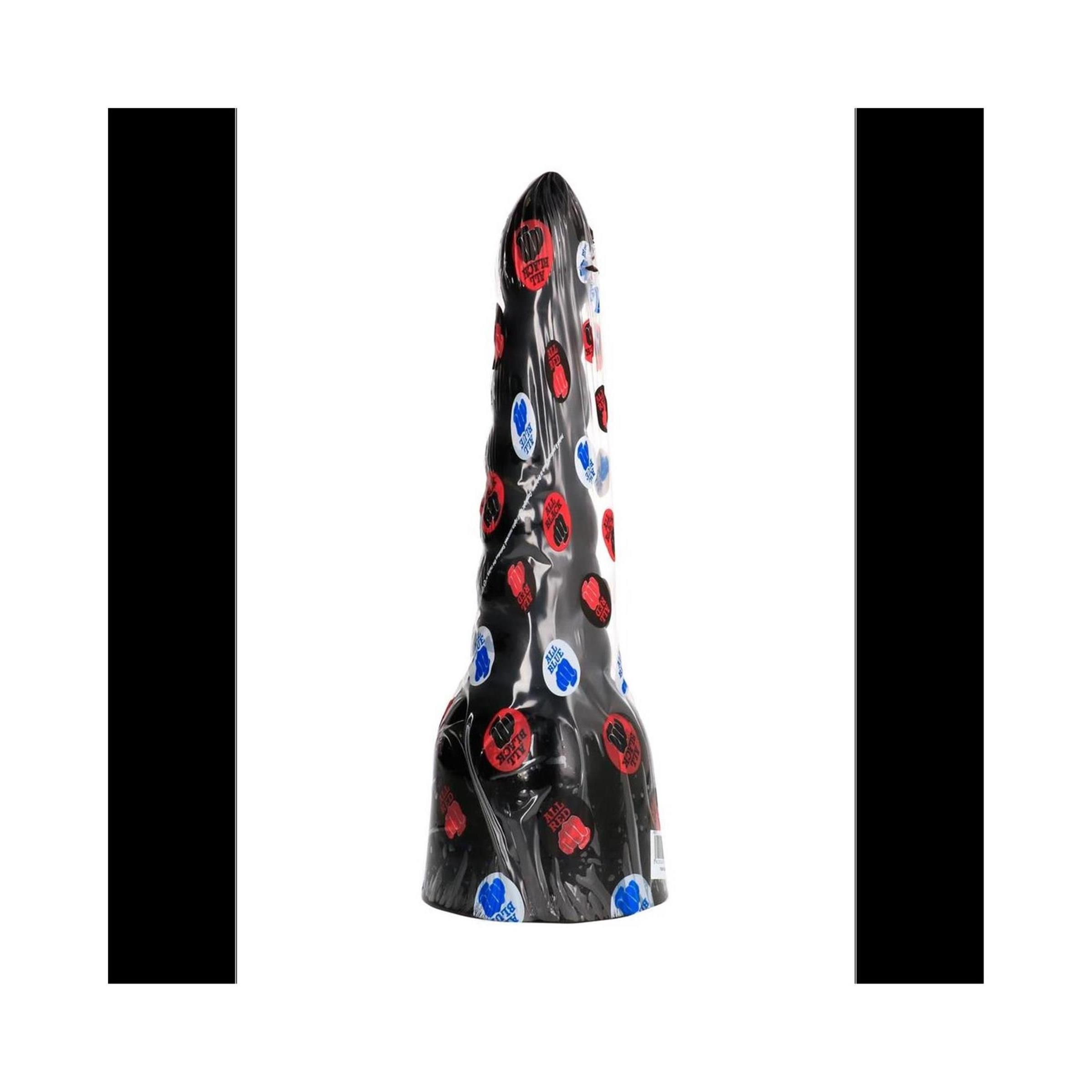 Dildo noir avec points rouges et bleus, base large.