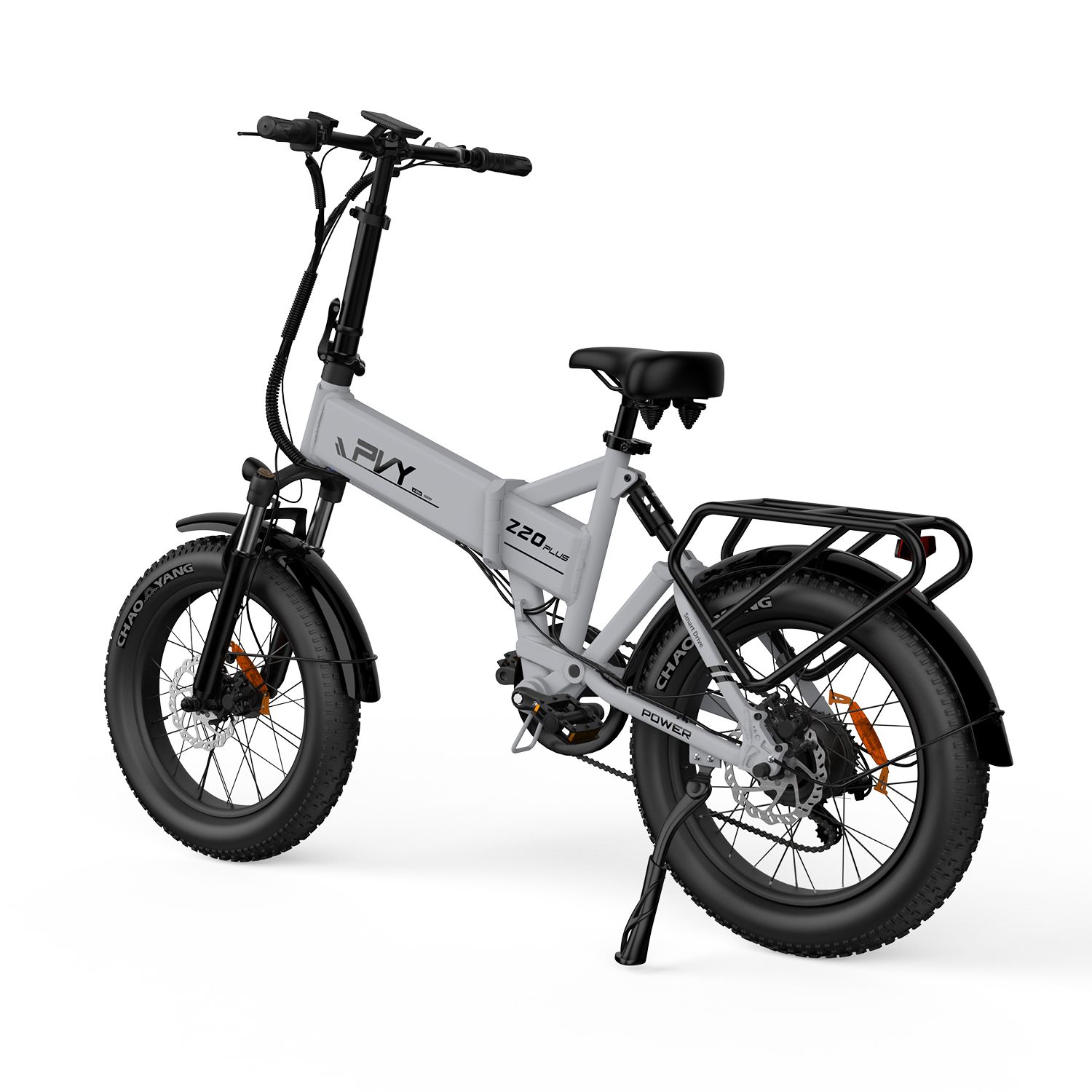 Grijze e-bike met zwarte banden en bagagedrager. Opschrift: PVY Z20 Plus.