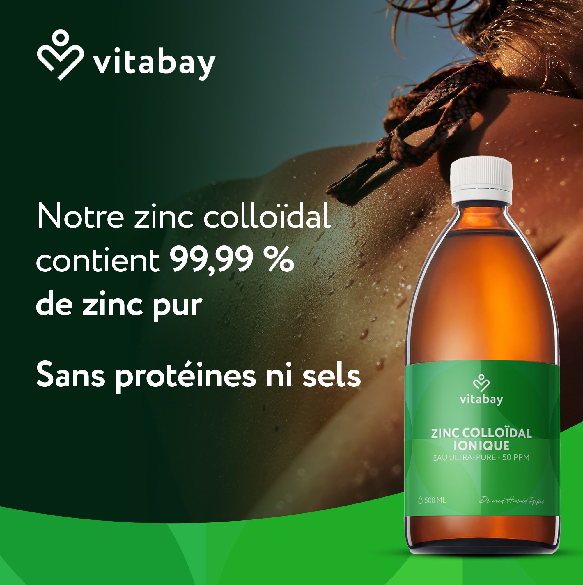 Bouteille de Zinc Colloïdal à côté d'une personne. Texte : "Notre zinc colloïdal contient 99,99 % de zinc pur".