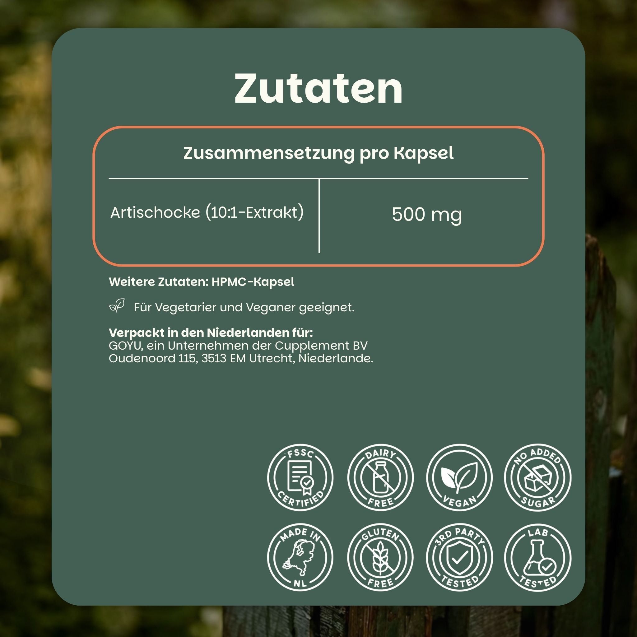 Ingrediënten: Artisjok (10:1 extract) 500 mg, HPMC-capsule. Voor vegetariërs en veganisten.