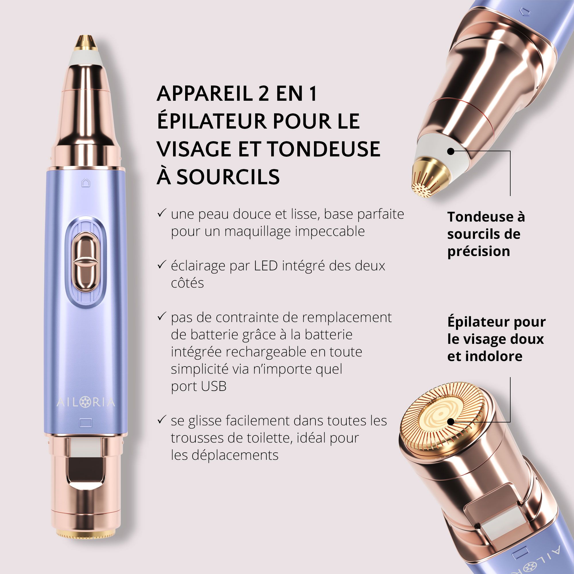 Image produit avec texte. Rasoir lilas avec embouts dorés. Texte: 2-EN-1 ÉPILATEUR POUR LE VISAGE ET TONDEUSE À SOURCILS.