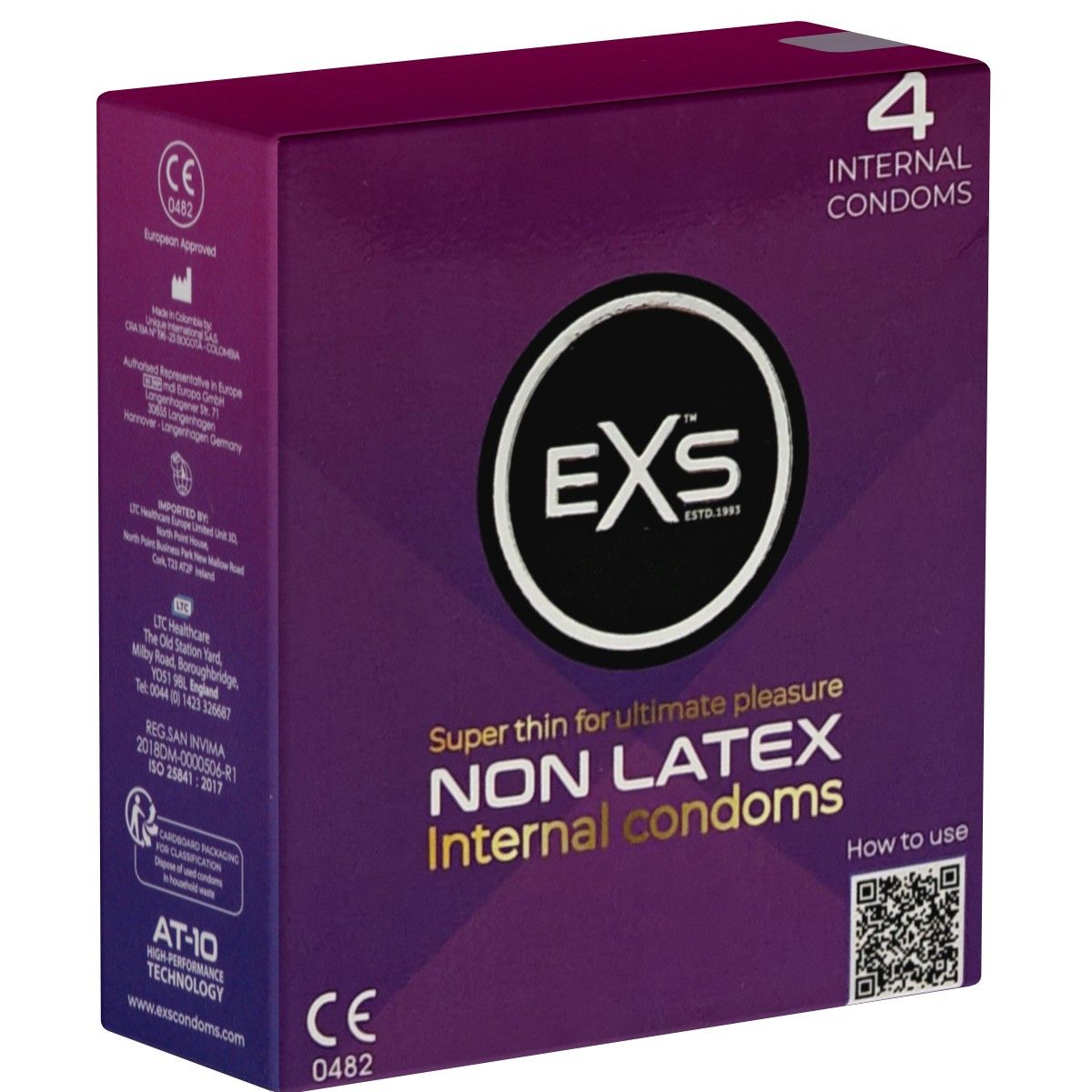 Verpakking met 4 interne condooms. Merk EXS, niet-latex. Tekst: CE-markering, AT-10 technologie. Opschrift: « Super dun voor ultiem genot ».
