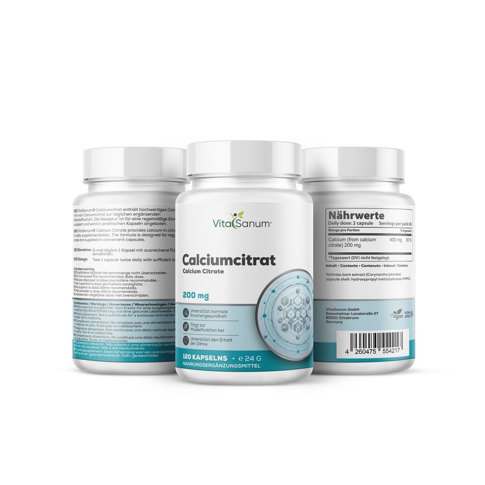 Drie witte flessen VitaSanum® Calciumcitrate. Opschrift: Calciumcitrate, 200 mg, 120 capsules. Vegan-zegel.