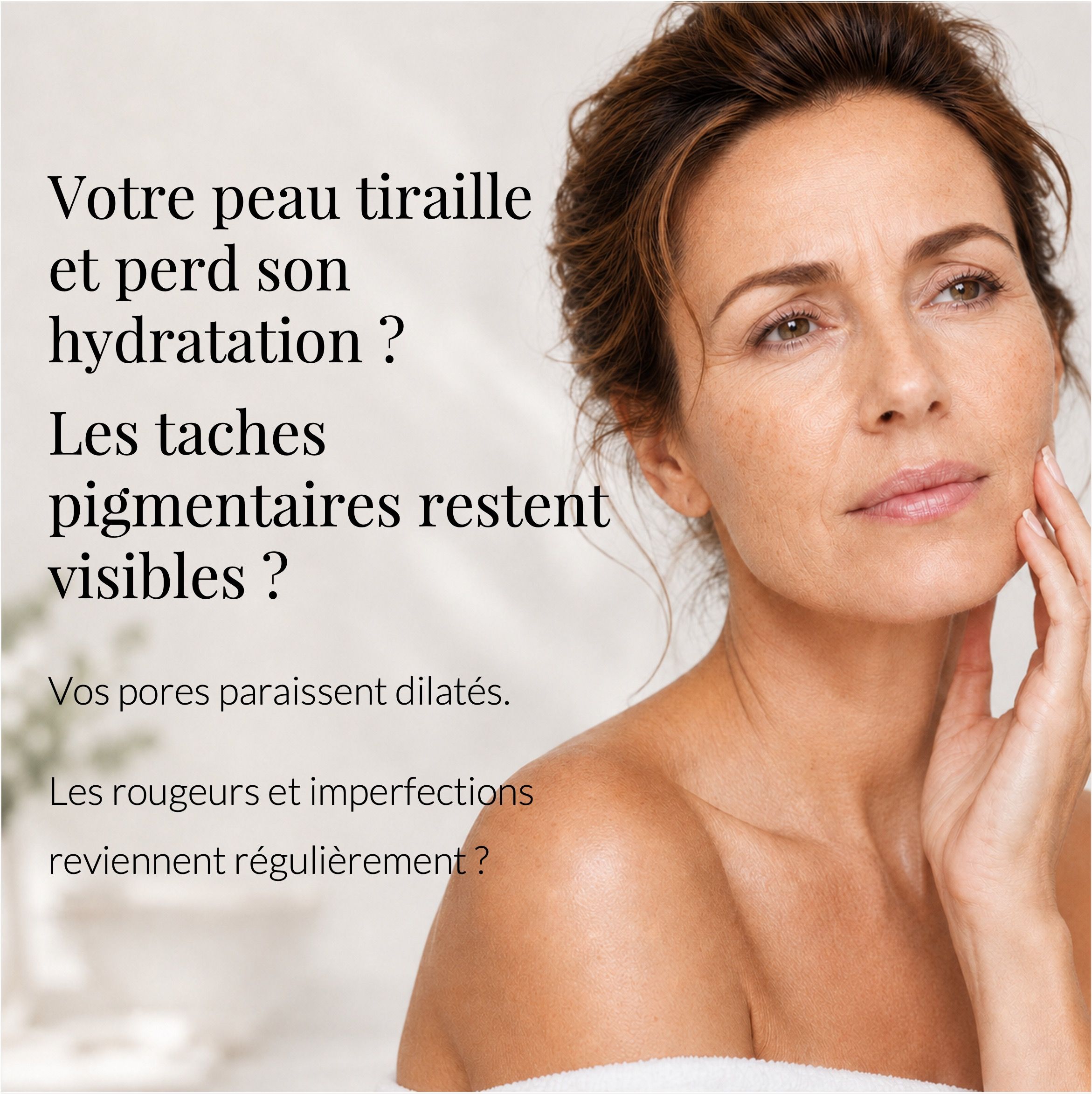 Femme ridée : Problèmes de peau, taches pigmentaires, rougeurs.