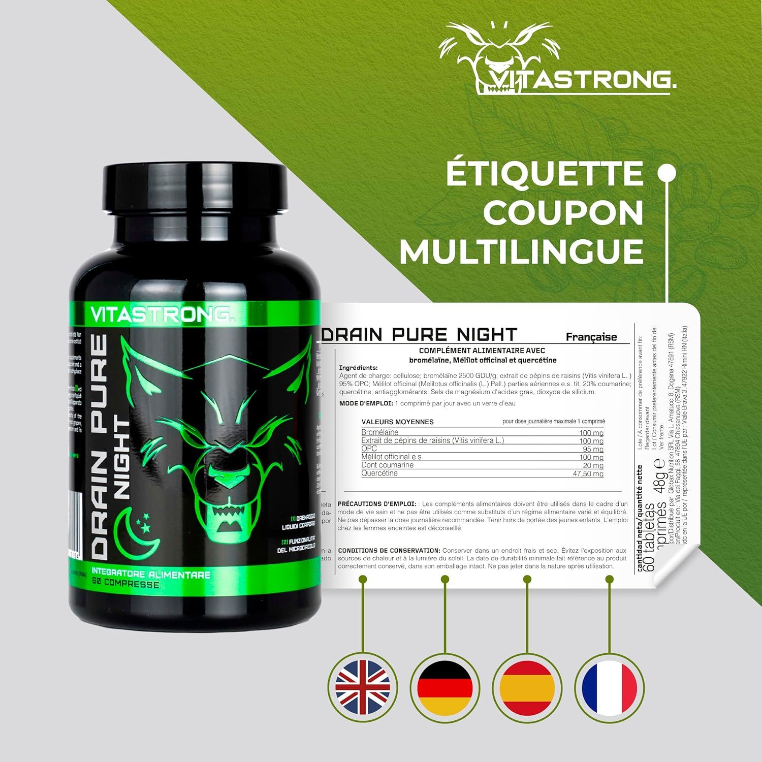 Vitastrong Drainpure Night. Fles. Tekst: Sterke drainer. Vrouw houdt huid vast. Helpt bij waterretentie.