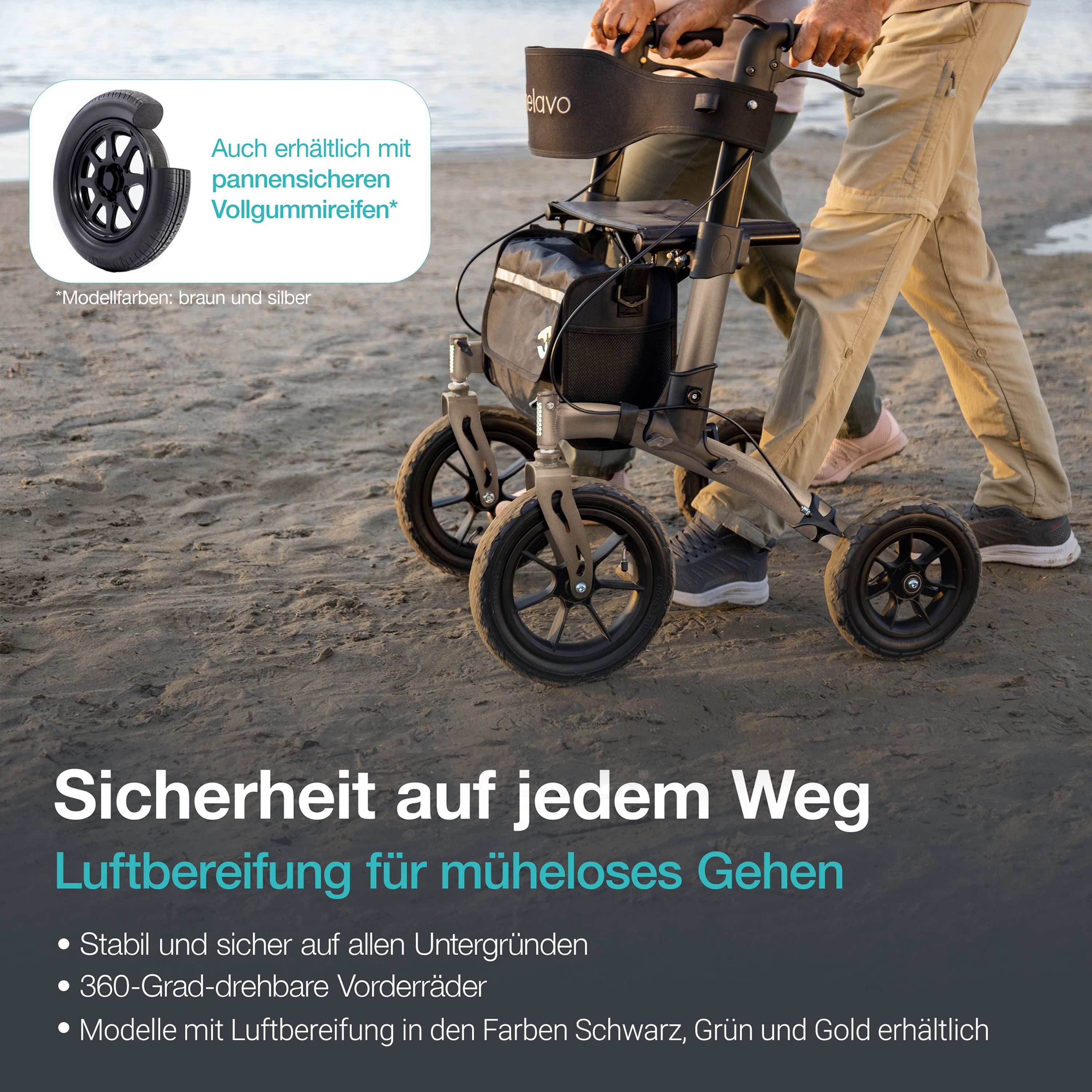 Rollator avec pneus gonflables sur terrain sablonneux. Montre la stabilité et les roues avant à 360 degrés.