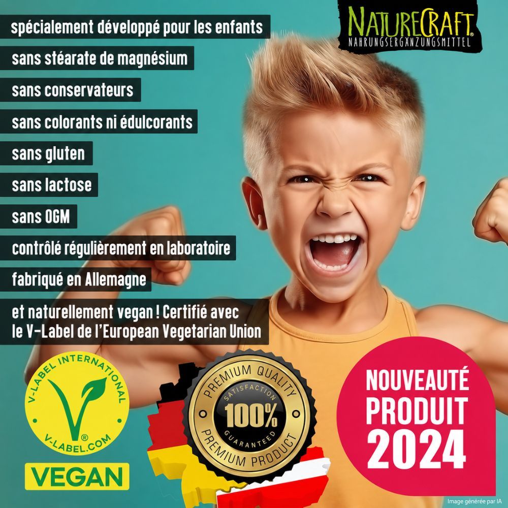 Infographie sur les gouttes Vitamine D3+K2 pour enfants : contributions à la coagulation sanguine, calcium, fonction immunitaire, division cellulaire, vision.