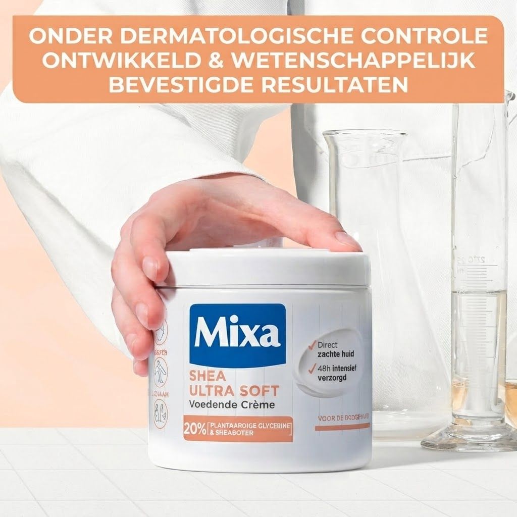 Mixa Shea Ultra Soft voedende crème in witte pot met blauw label. Bevat 20% plantaardige glycerine & shea butter.