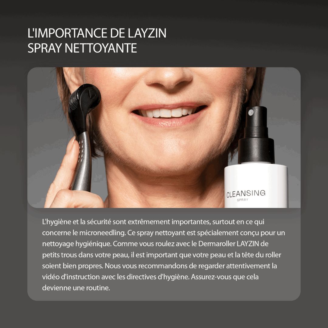 Femme tenant un spray nettoyant et un coton. Spray avec pulvérisateur noir. Texte: Nettoyage peau.