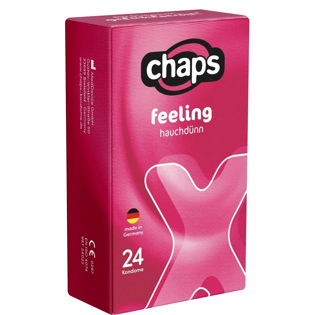 Boîte rose avec inscription "chaps feeling hauchdünn". Contient 24 préservatifs. Marquage CE et "made in Germany".