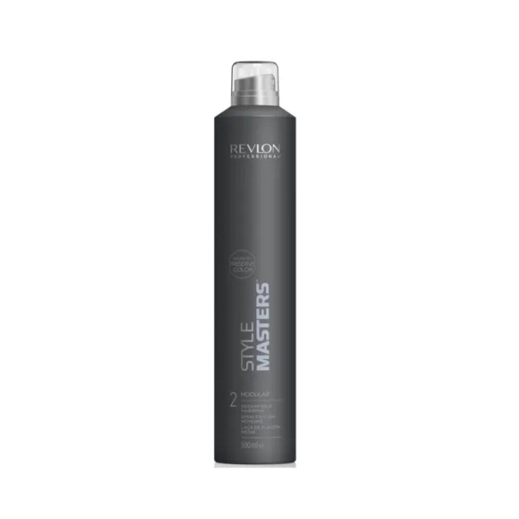 Flacon de laque gris avec bouchon blanc. Inscriptions: Revlon Professional, Style Masters, Modular 2, Medium Hold. 250ml.