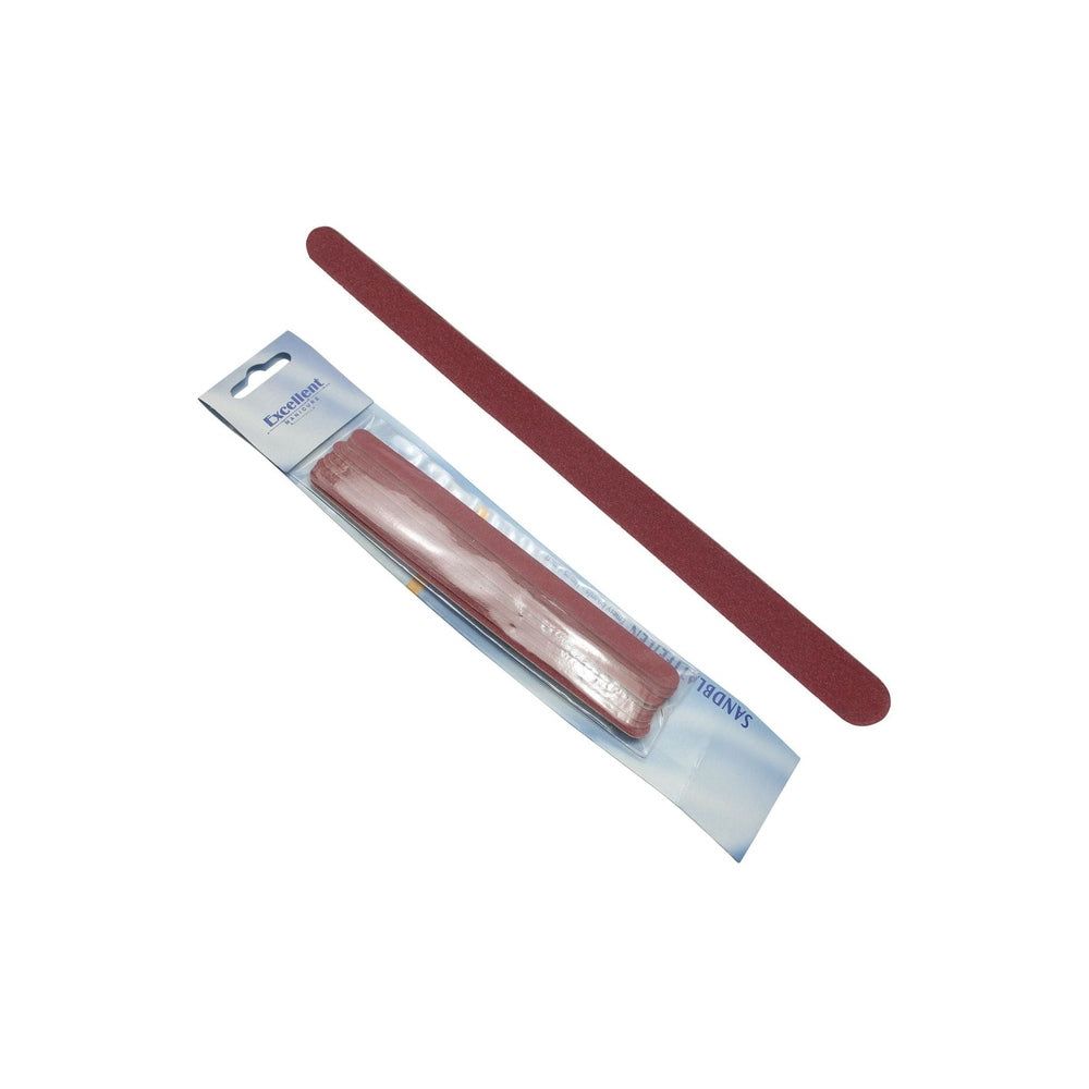 Rode nagelvijl, verpakt. Merk Excellent zichtbaar. Een andere vijl ligt ernaast.