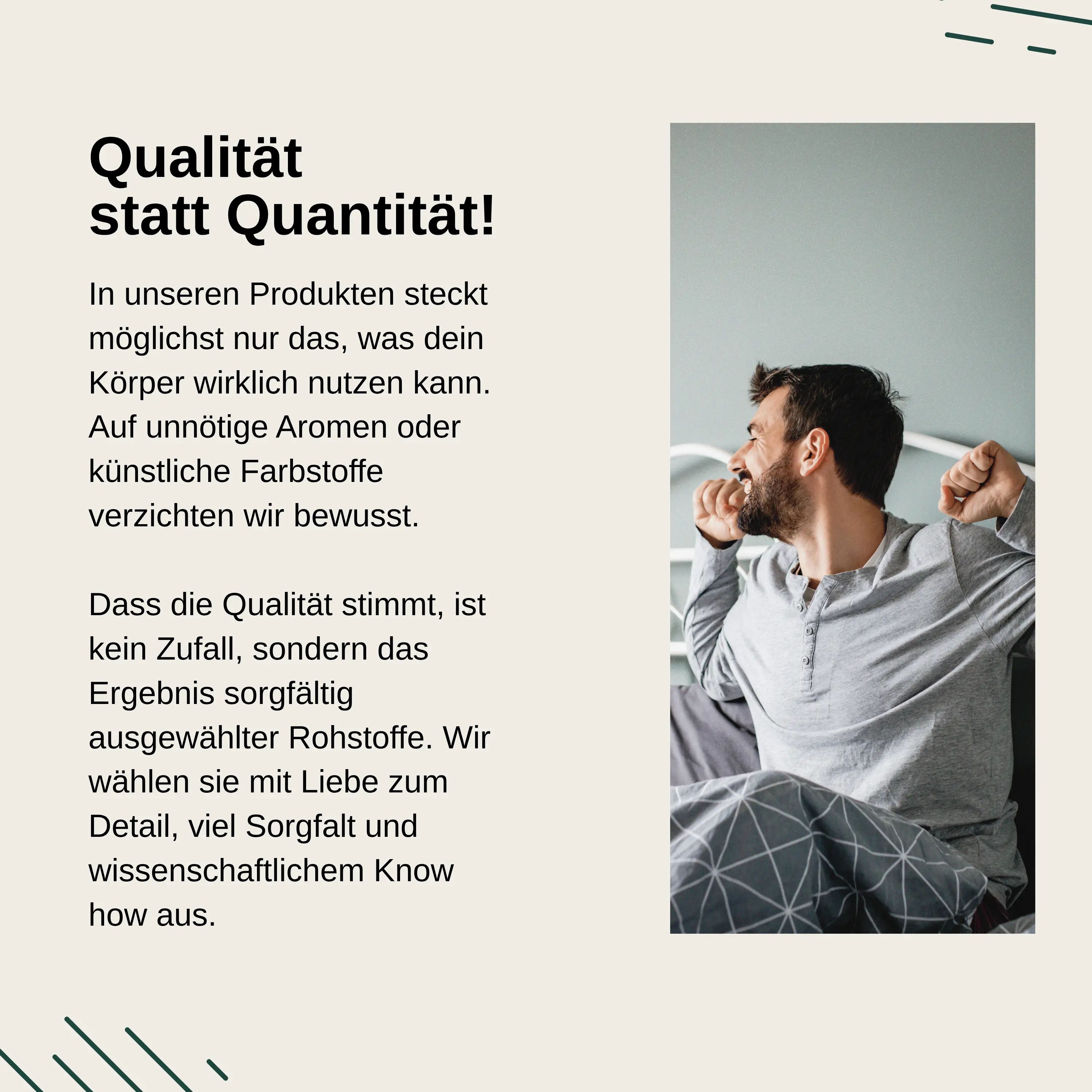 Man in pyjama die zich uitrekt in bed, naast tekst over productkwaliteit.