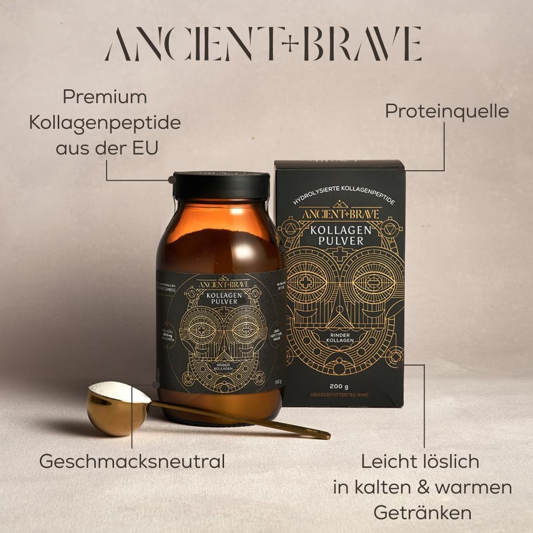 Bouteille en verre brun et boîte de poudre de collagène. Cuillère dorée à côté.
