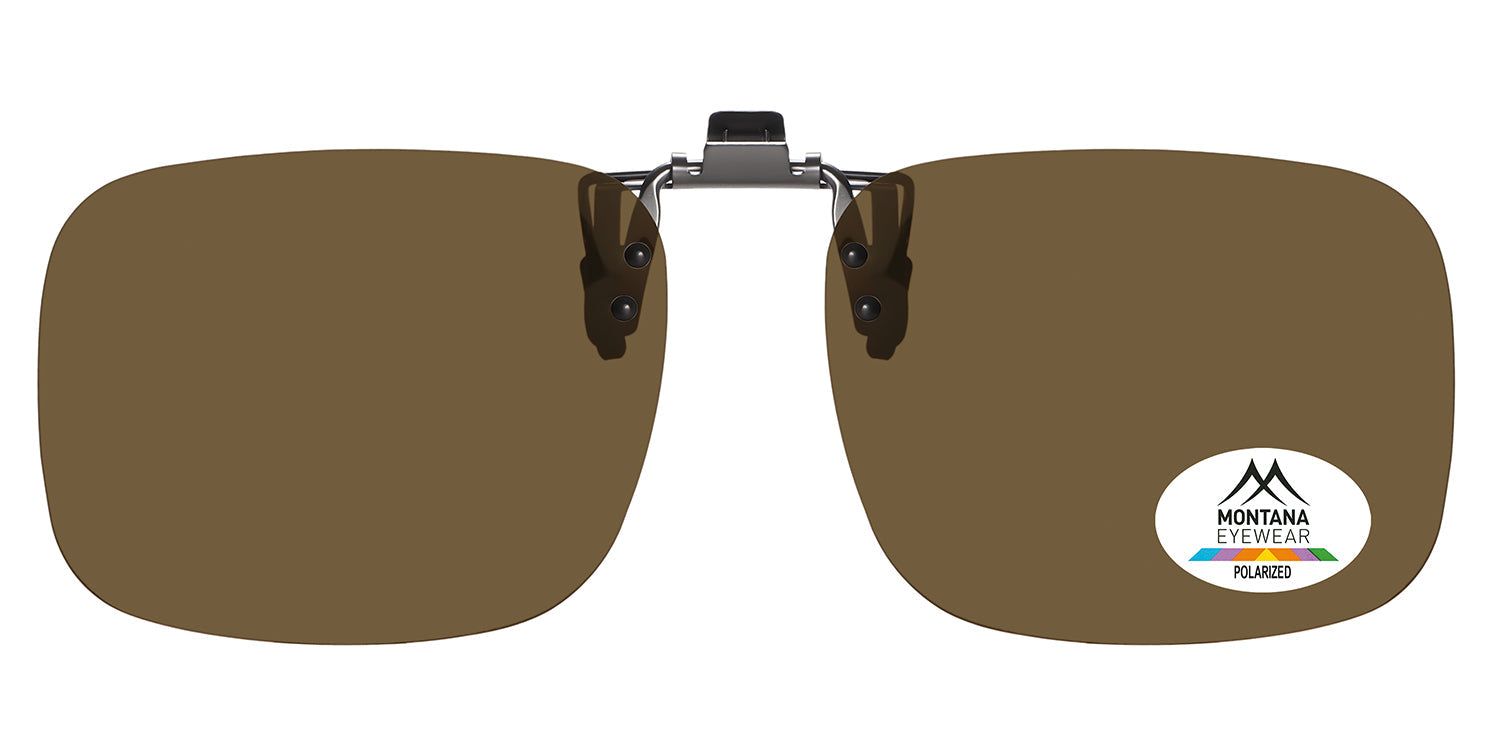 Montana Eyewear Tofino clip-on zonnebril. Bruine glazen, zilveren clip. Gepolariseerd. Ovaal logo.