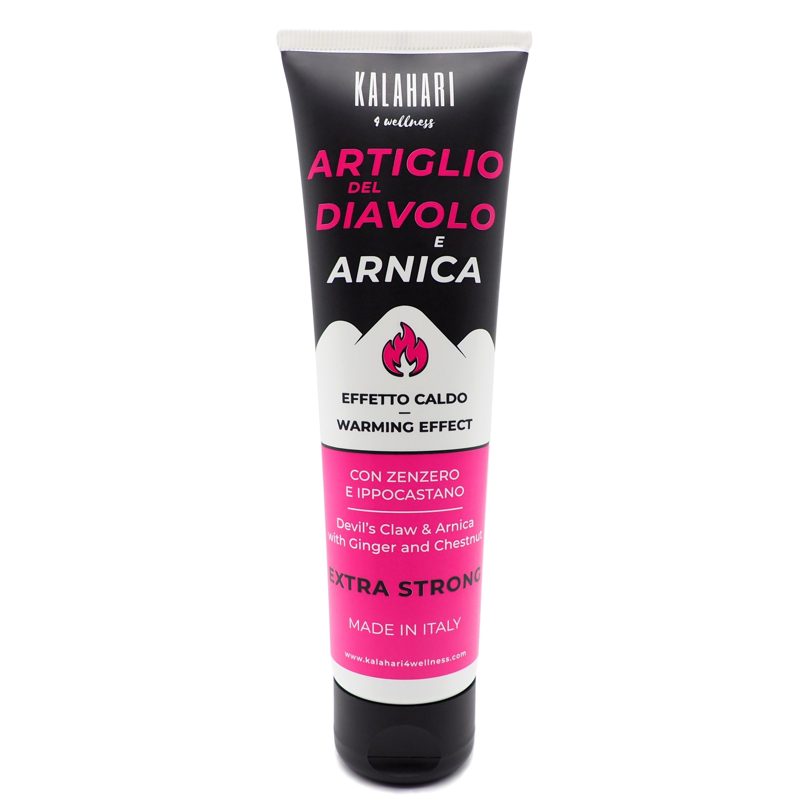 Tube noir avec étiquette rose et blanche pour KALAHARI Artiglio del Diavolo e Arnica Gel, Effetto Caldo.