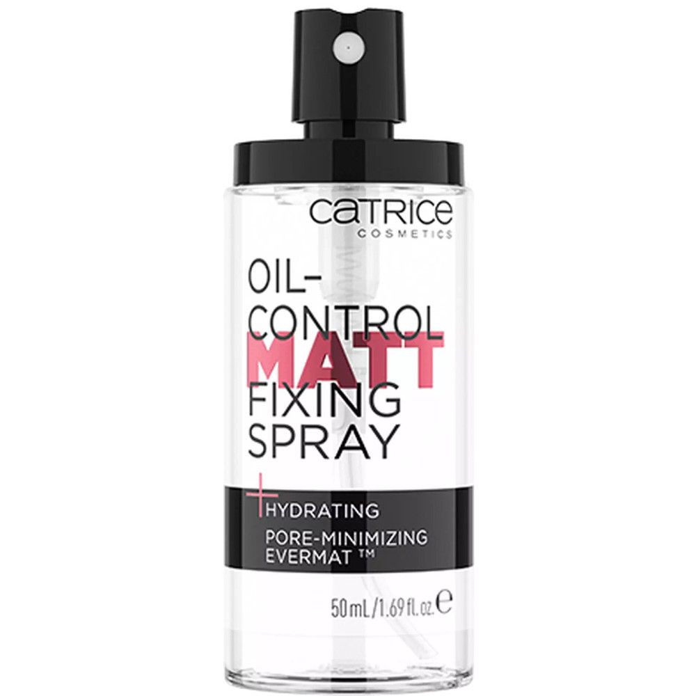 Spray fixateur matifiant Catrice. Flacon transparent avec tête de pulvérisation noire. Nom du produit et ingrédients.
