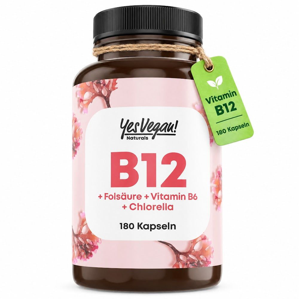 Bruine fles met zwart deksel, bevat 180 capsules vitamine B12.