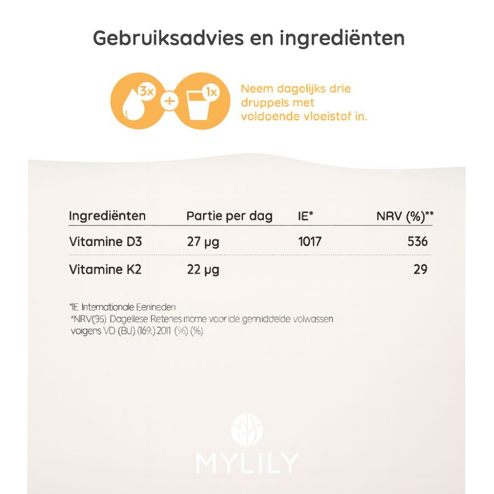 Tabel met ingrediënten: vitamine D3 en K2. Dagelijkse portie, IE, NRV. Tekst: Gebruiksadvies en ingrediënten.