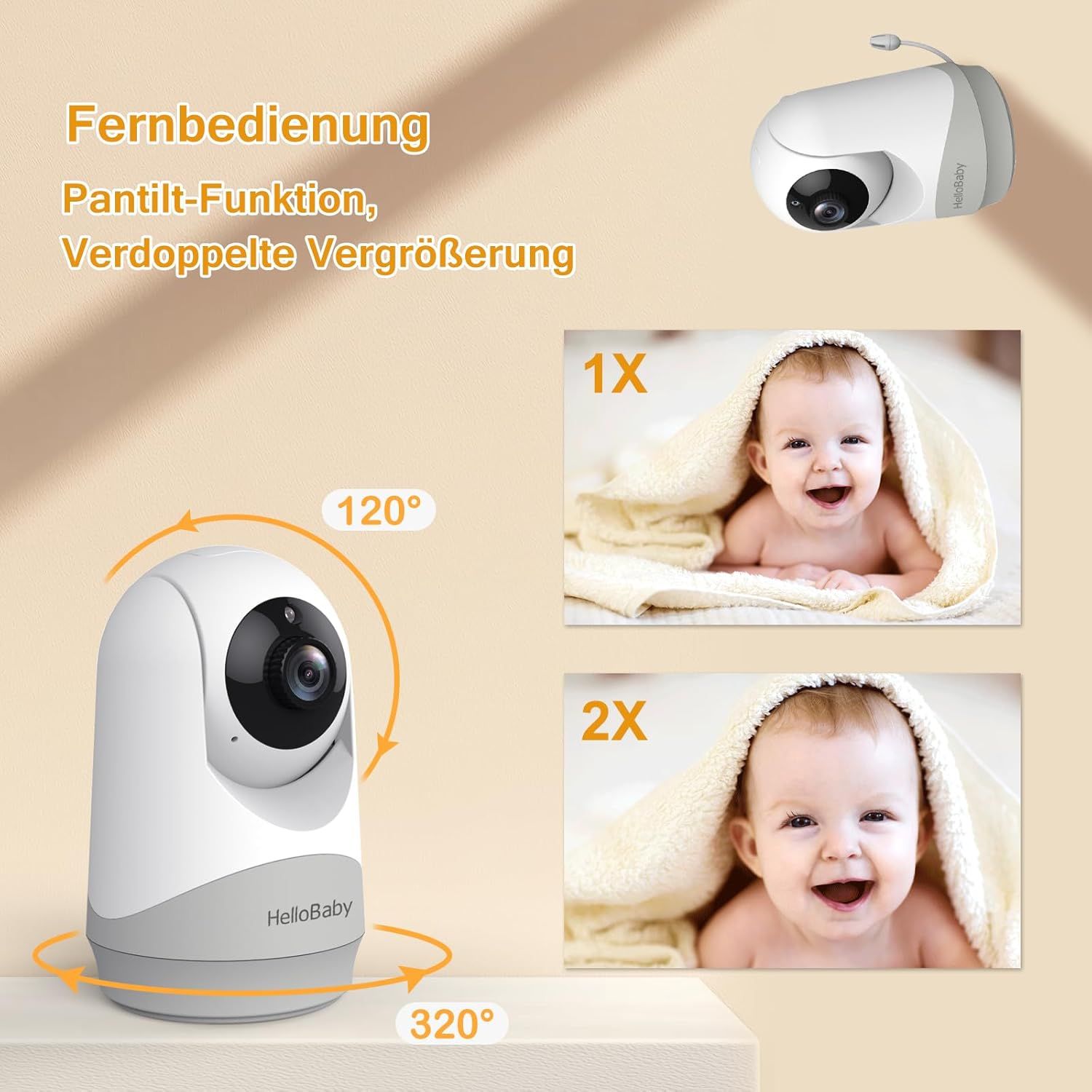 Caméra babyphone avec vue panoramique 120° et 320°. Zoom 1x et 2x affiché. Télécommande et fonction d'inclinaison.