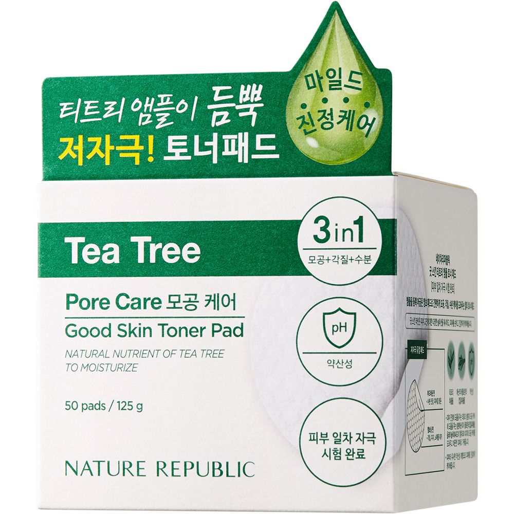 Emballage avec étiquette verte. Inscription: Tea Tree, Pore Care, Good Skin Toner Pad. Marque: NATURE REPUBLIC. 50 pads. 3en1.
