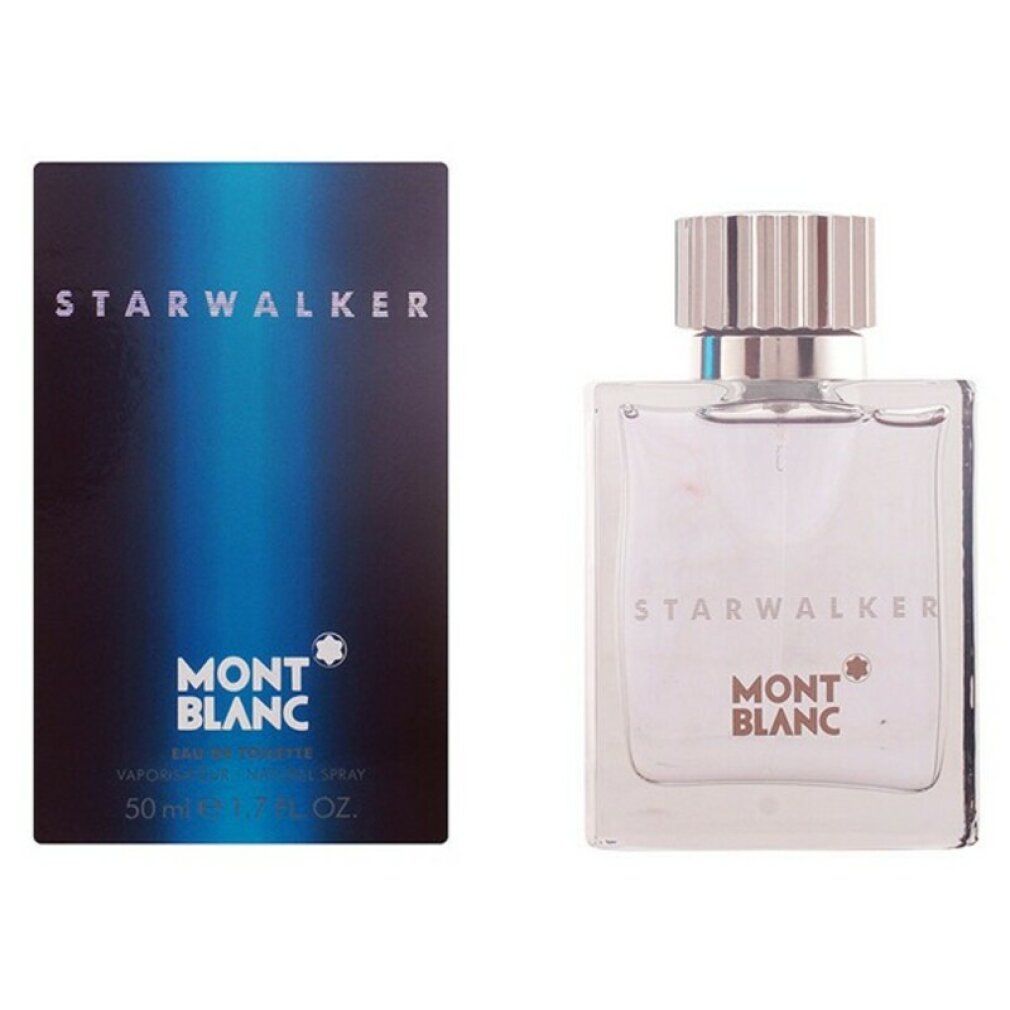 Flacon et emballage Montblanc Starwalker Eau de Toilette. Flacon en verre rectangulaire avec bouchon argenté. Emballage bleu avec logo.