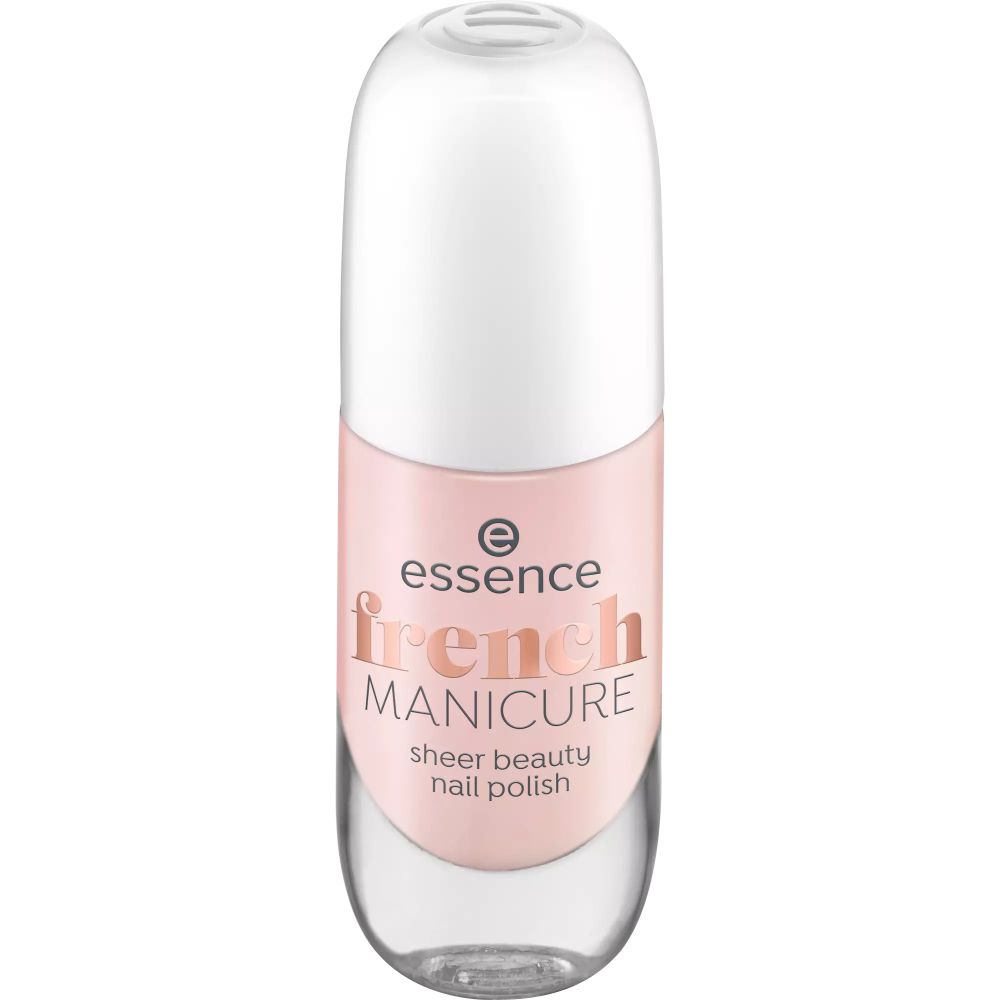 Roze en transparante nagellakfles. Witte dop. Opschrift: essence french manicure sheer beauty nail polish.
