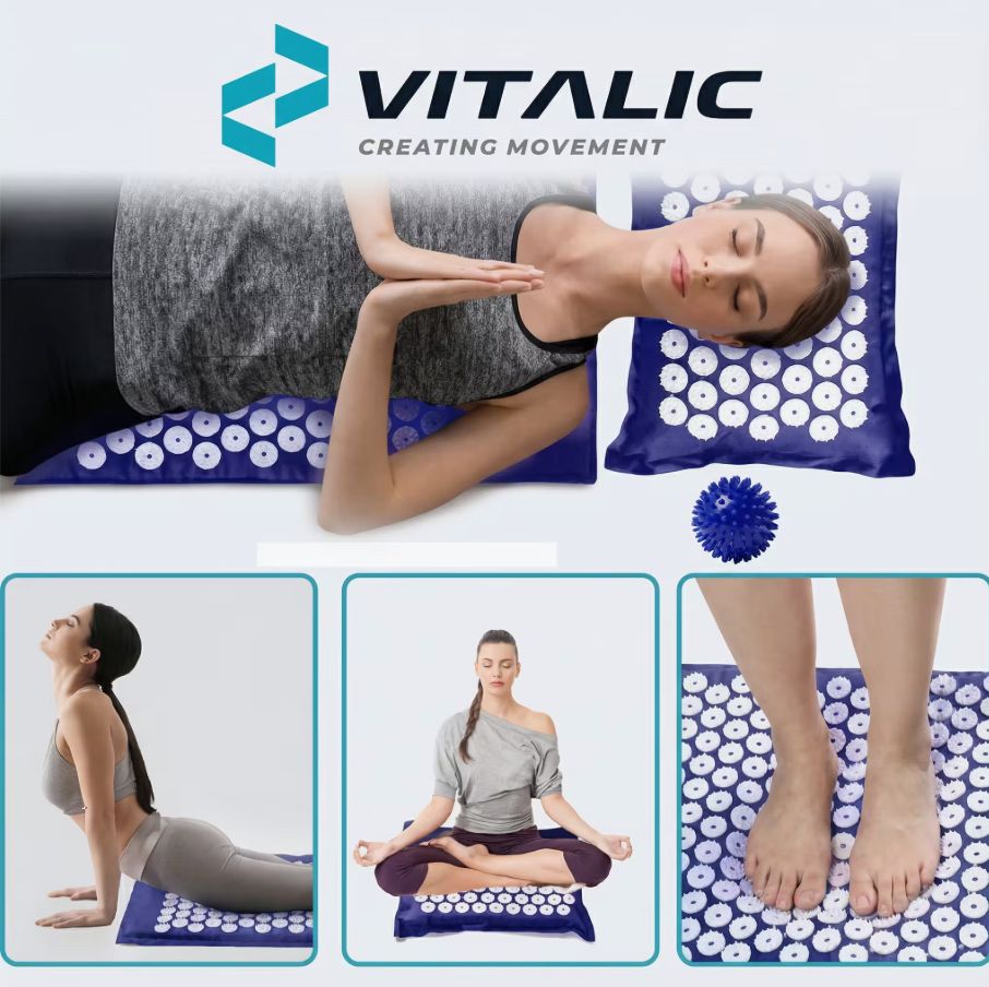 VITALIC acupressuurset met mat, kussen en massagebal. Meerdere gebruiksvoorbeelden.