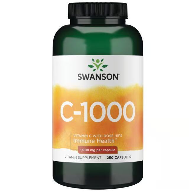 Flacon vert avec bouchon noir. Inscription: SWANSON, C-1000, vitamine C avec cynorrhodon. 250 gélules.