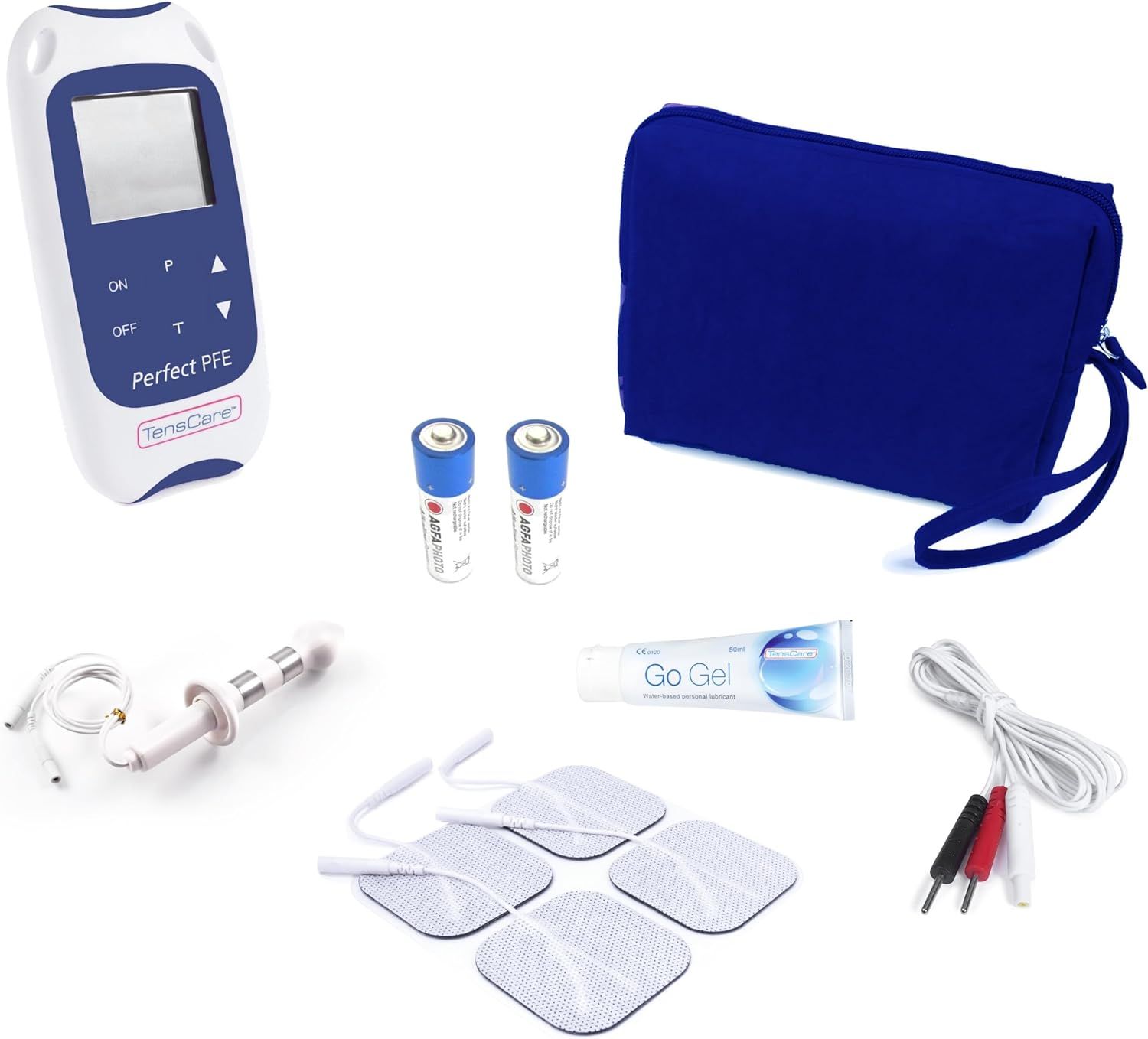 Kit d'appareil d'exercices du plancher pelvien. Contient appareil, piles, sonde, électrodes, gel, câbles et sac. Marque : TensCare.