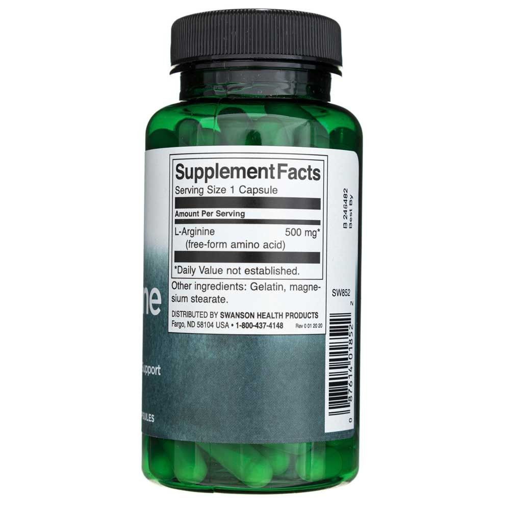 Achterkant van een fles L-Arginine capsules met voedingsfeiten en ingrediënten.