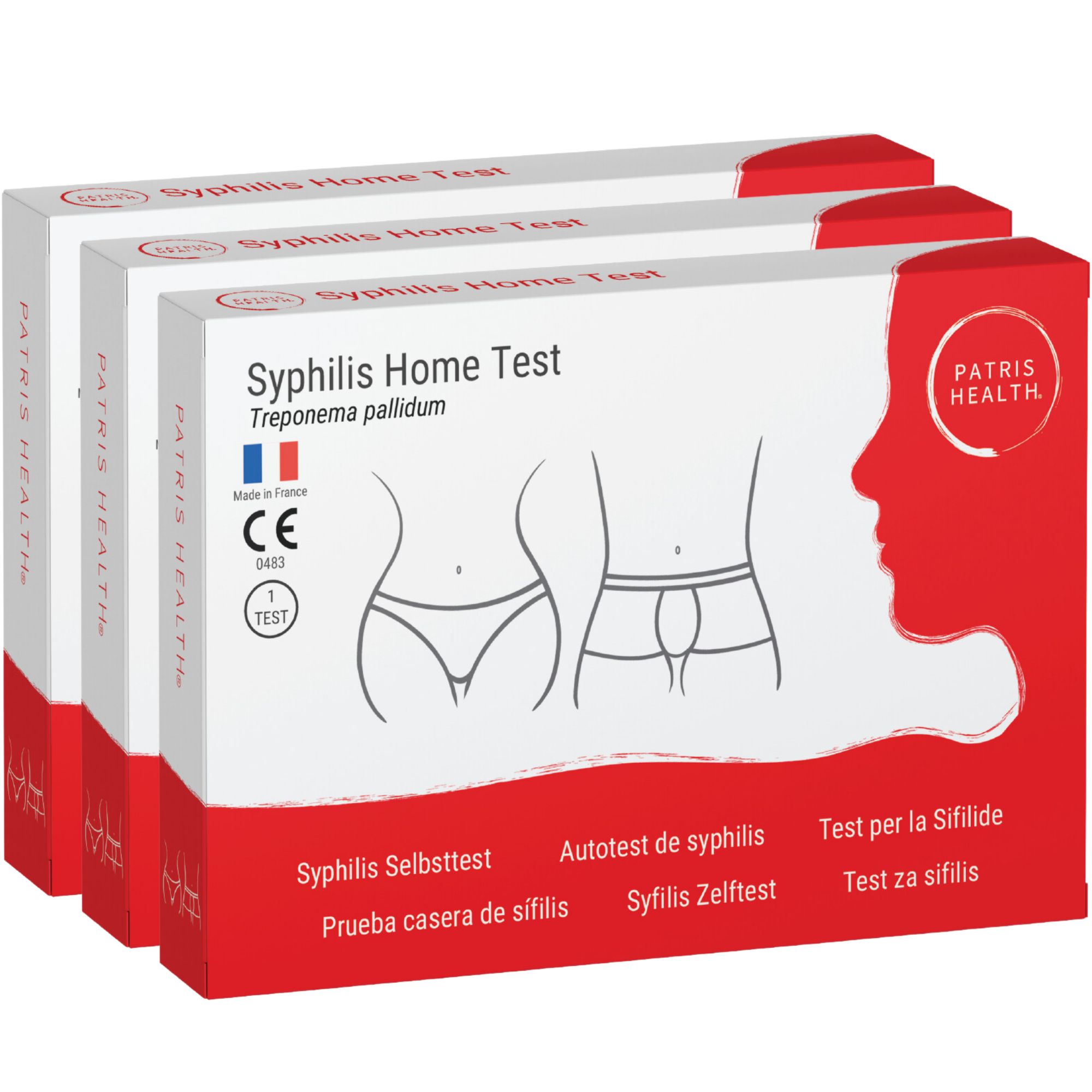 Drie dozen Patris Health® Syfilis Zelftest. Rode en witte verpakking met productnaam en illustraties.