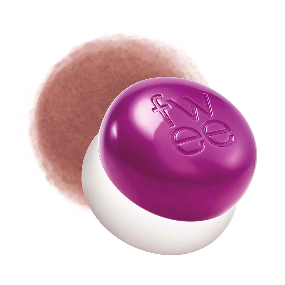 Paarse en witte poederpot met 'fwee' logo.