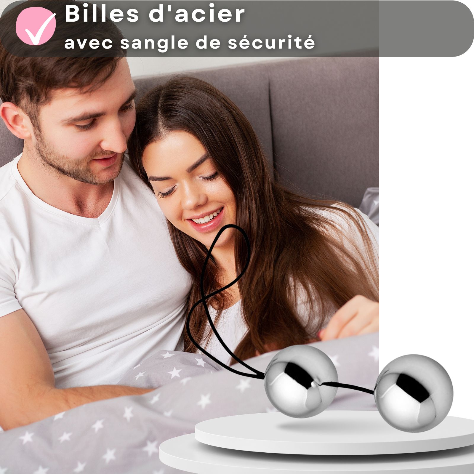 Deux billes en acier polies avec cordon de sécurité, diamètre 30mm.